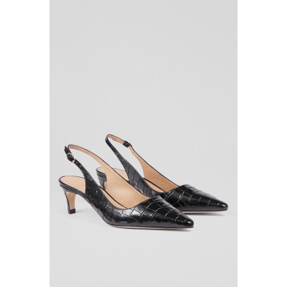 New! LK Bennett Alyssa Black‎ Croc Embossed Leather Slingback Heels EU 41 US 10